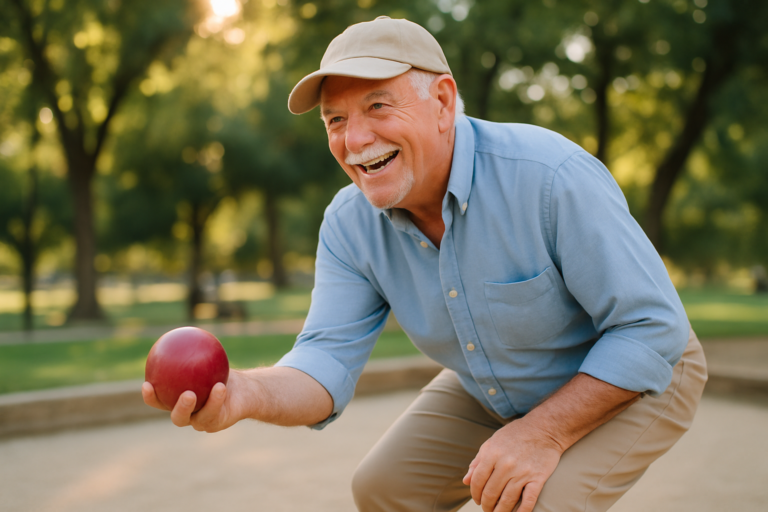bocce player, retired person, smiling and happy