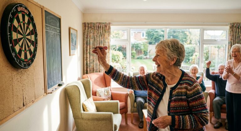 Create an image of a woman having fun and smiling playing darts in a room at a retirement community. No drinks in the image