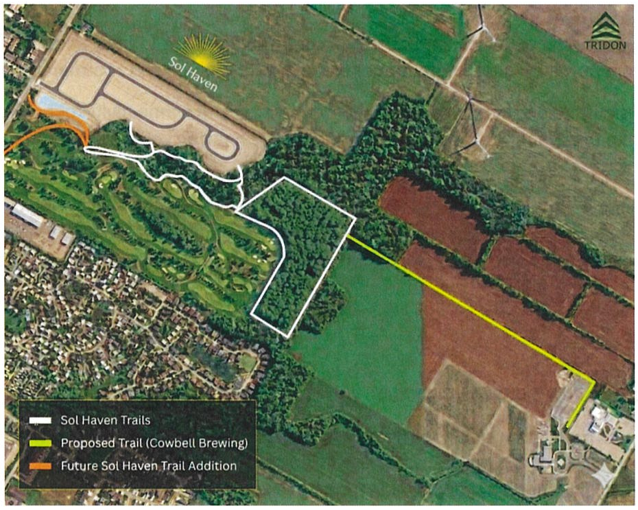 Image of trail concept connecting Sol Haven to adjacent winery/brewery (Cowbell, formerly Dark Horse Winery) and theatre (Huron Country Playhouse). Legend: Sol Haven Trails, Proposed Trail (Cowbell Brewing), Future Sol Haven Trail Addition