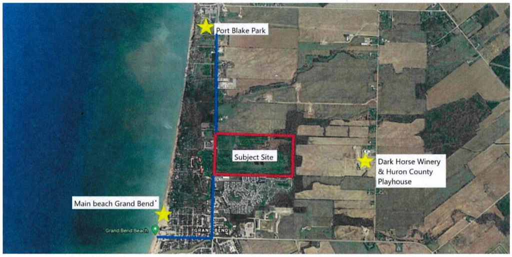 Image of trail concept connecting Sol Haven to Port Blake Park & beach access (conceptual only). Reference points: Port Blake Park, Subject Site, Dark Horse Winery & Huron Country Playhouse, Main beach Grand Bend.