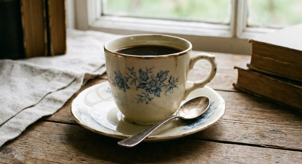 create a old fashion coffee cup with saucer and spoon