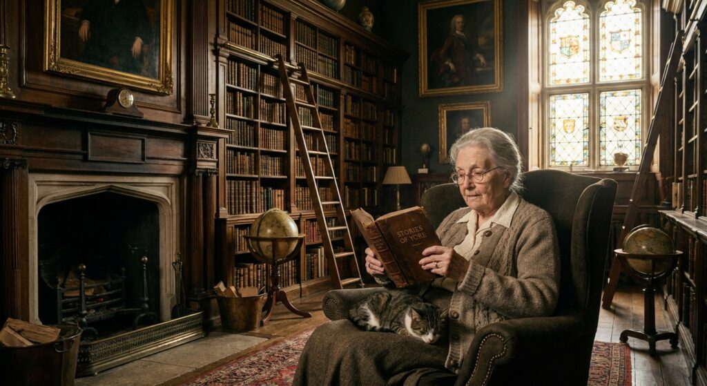 Make a image of Granny reading a book in old fashion Library