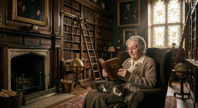 Make a image of Granny reading a book in old fashion Library