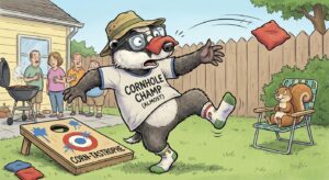 make a image of a comical character playing cornhole