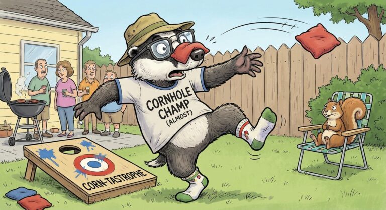 make a image of a comical character playing cornhole