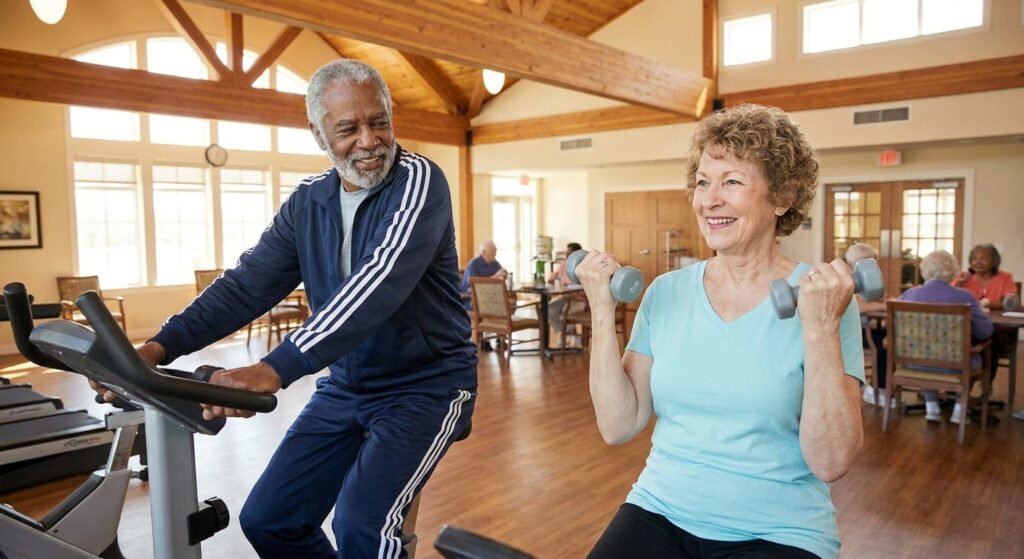 older man and woman exercising in a clubhouse