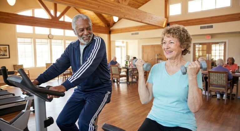 older man and woman exercising in a clubhouse