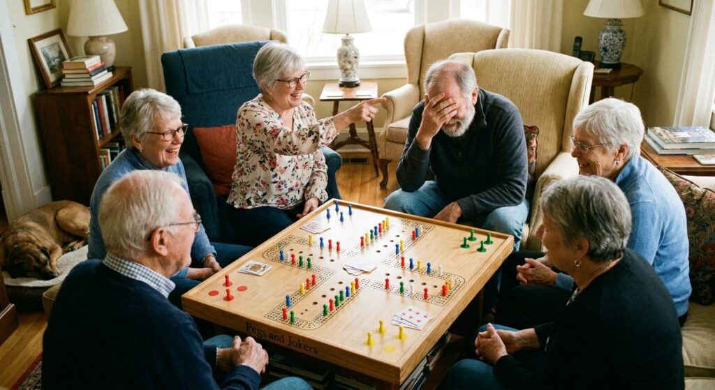 A group of older folks, around a pegs and jokers game, having a good time