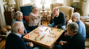 A group of older folks, around a pegs and jokers game, having a good time