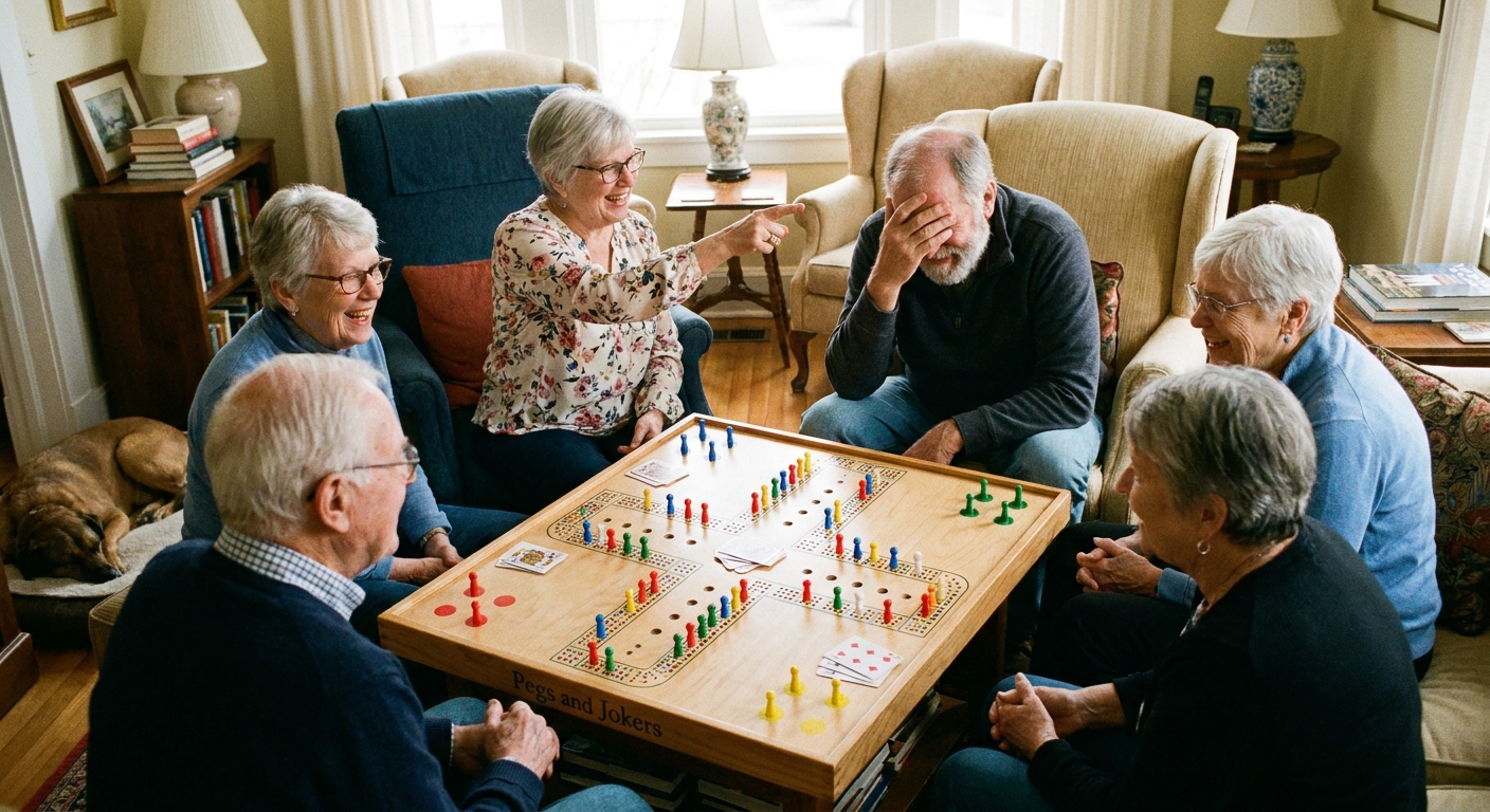 A group of older folks, around a pegs and jokers game, having a good time
